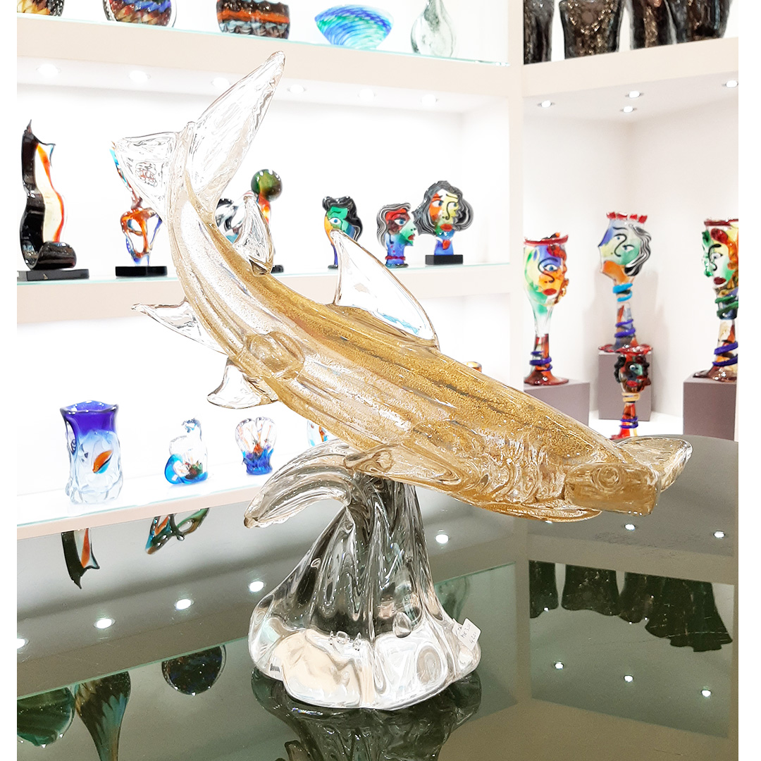 4540 ORIGINALMURANOGLASS Скульптура Акула-молот - с золотом - муранское стекло 42 см  - Вид №1
