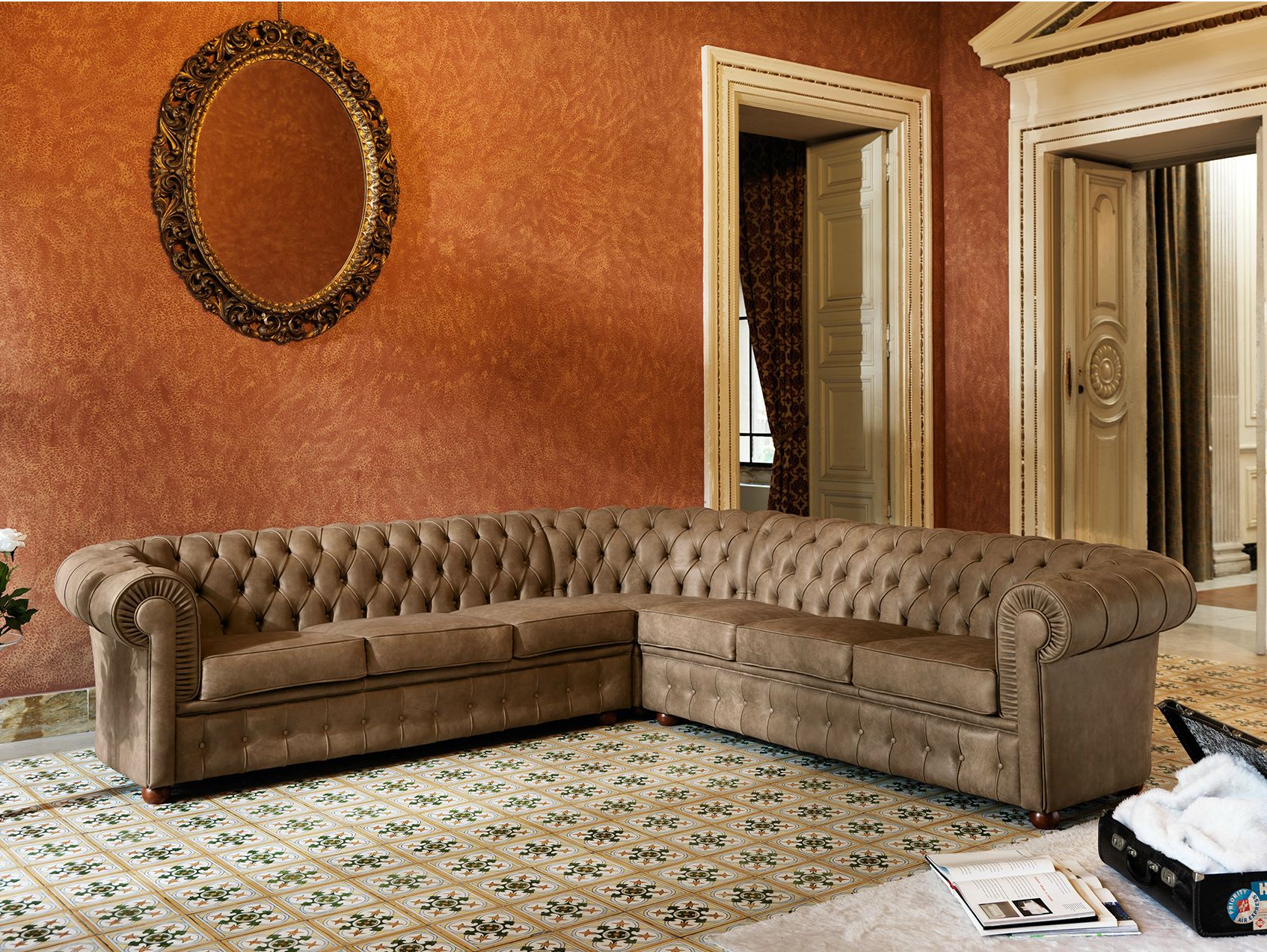 Кожаный угловой диван capitonné Domingo Salotti 800 ARCH-00105050