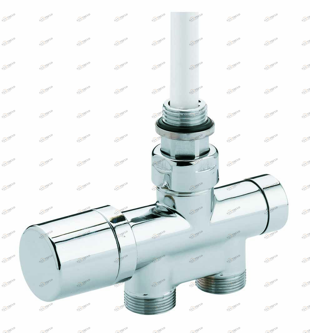 Carlo Poletti V81610E Клапан термостатический, одно/двухтрубный с by-pass и держателем, центральное подсоединение. Версия угловая с подключением медной или пластиковой трубы. Межосевое расстояние 40-50 мм 