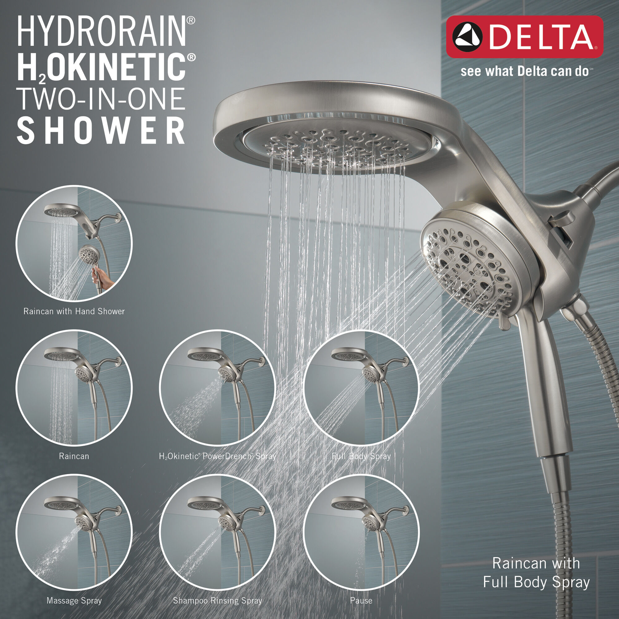 58680-SS HydroRain® H2Okinetic® 5-регулировочная душевая лейка два в одном Delta Faucet Universal Showering Нержавеющая сталь  - Вид №2