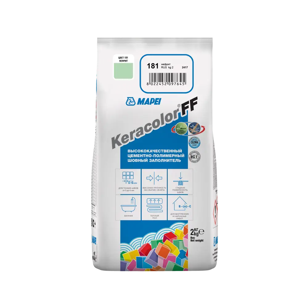 Затирка цементная MAPEI Keracolor FF для плитки и мозаики, цвет нефрит 2 кг 81981446 STLM-0016536 - Вид №2