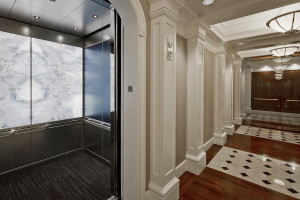 FSRT771 Интерьер лифта Levele-106 с панелями лайтплана из стекла vivistone pearl onyx, отделка pearlex +, подсветка; панели из стекла vivichrome chromis с прослойкой синего цвета и отделкой pearlex +, нержавеющая сталь, отделка seastone; квадрантные поруч