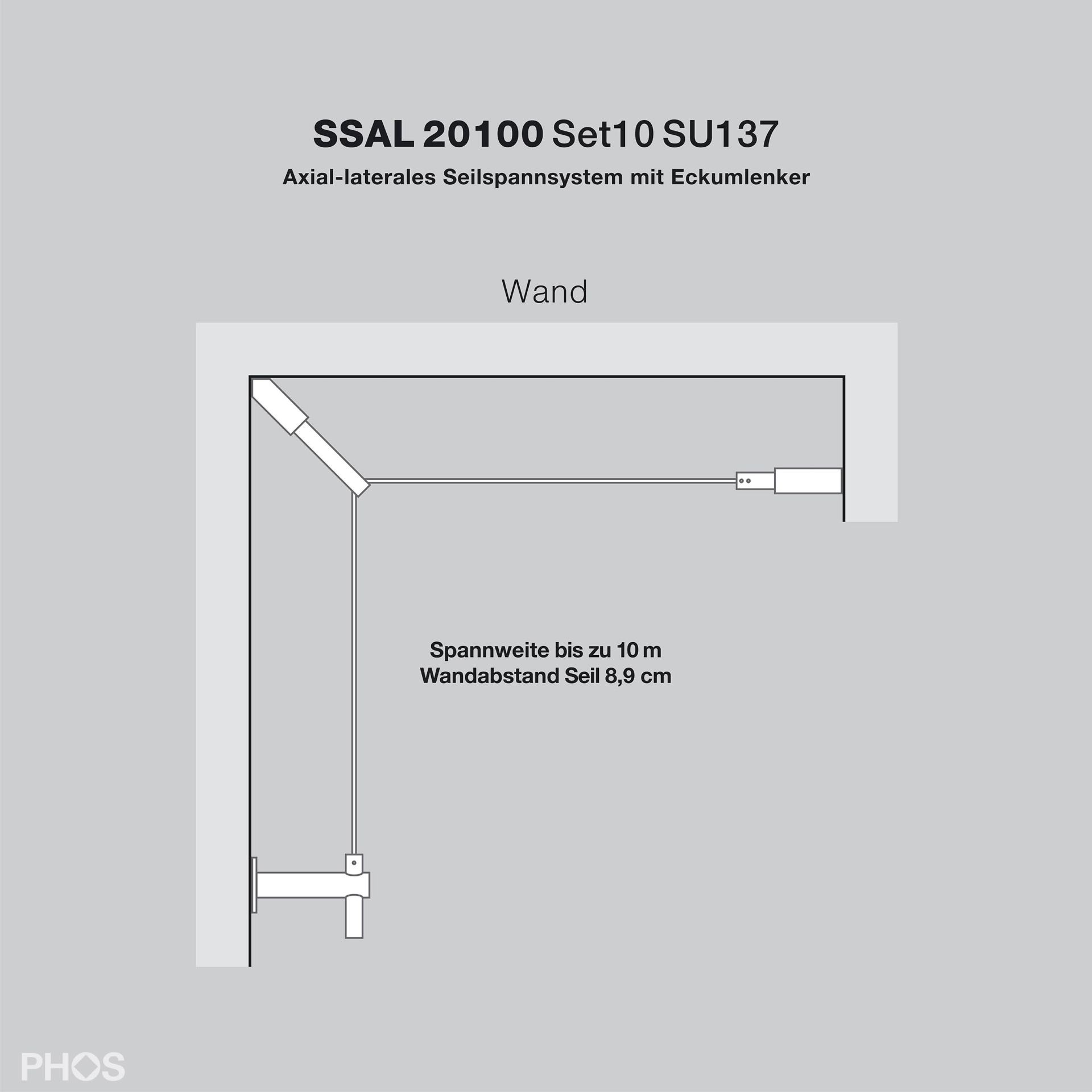 SSAL20100Set10SU137 Система натяжения кабеля в осевом направлении с угловой направляющей до 10 метров, большое расстояние от стены или потолка PHOS  - Вид №2