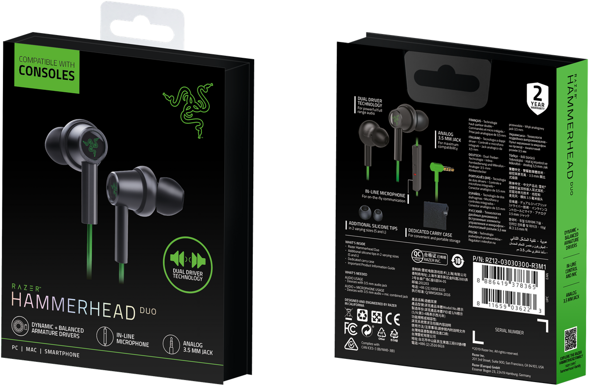 RZ12-03030300-R3M1 hammerhead duo console - green- wired in-ear headphones - frml packaging Razer Santreyd  - Вид №5