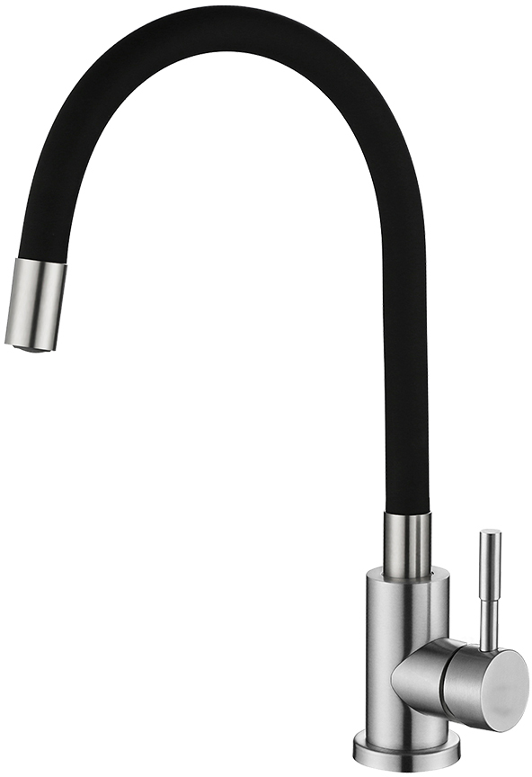 Смеситель д/кухни MELANA ELASTICO-610401B нерж.сталь, однорычажный, гибкий излив, сатин+черный