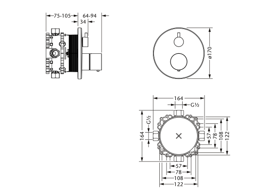 Термостат для душа скрытого монтажа ½" с запорным и переключающим вентилем JOERGER Charleston Royal 615.40.380.000 - Вид №1
