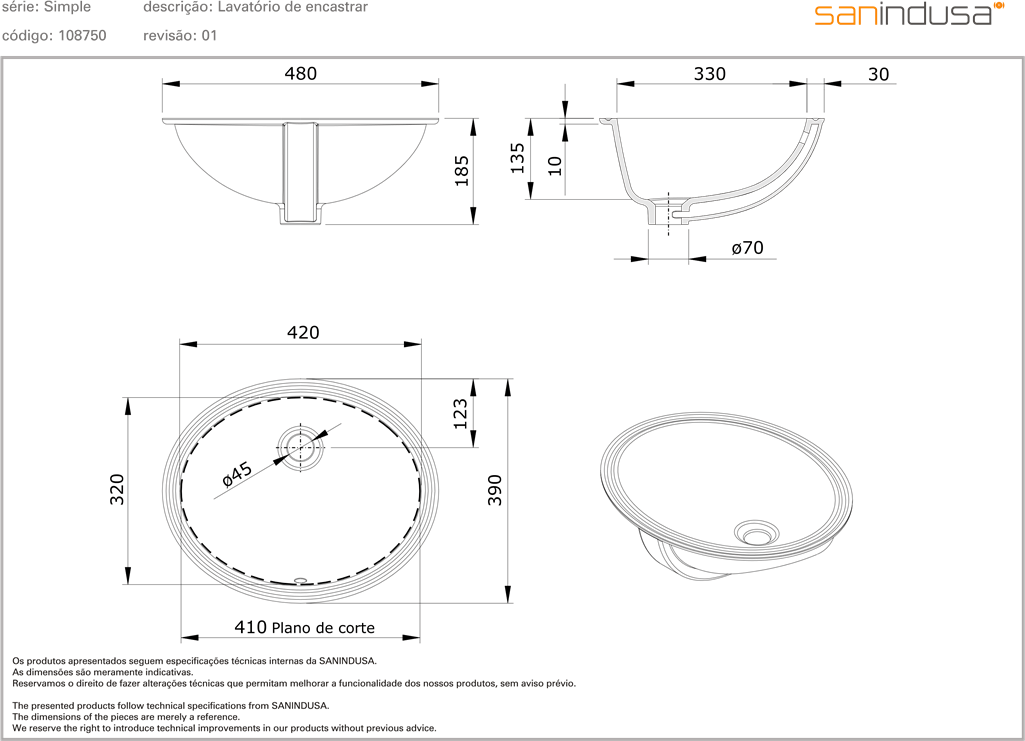 108750004 Накладная раковина под столешницу  круглая Sanindusa Simple - Вид №1
