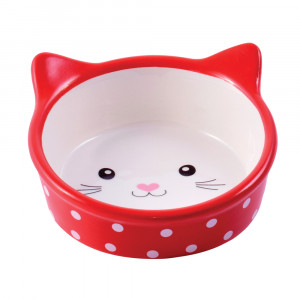 ПР0057046 Миска для кошек керамическая "Мордочка кошки" красная в горошек 250мл КерамикАрт