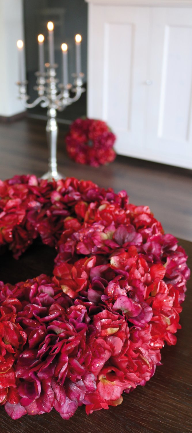 2010 432 a3 Искусственный венок из гортензии с глиттером, Ø 55 см, бордово-золотой H-andreas  - Вид №3