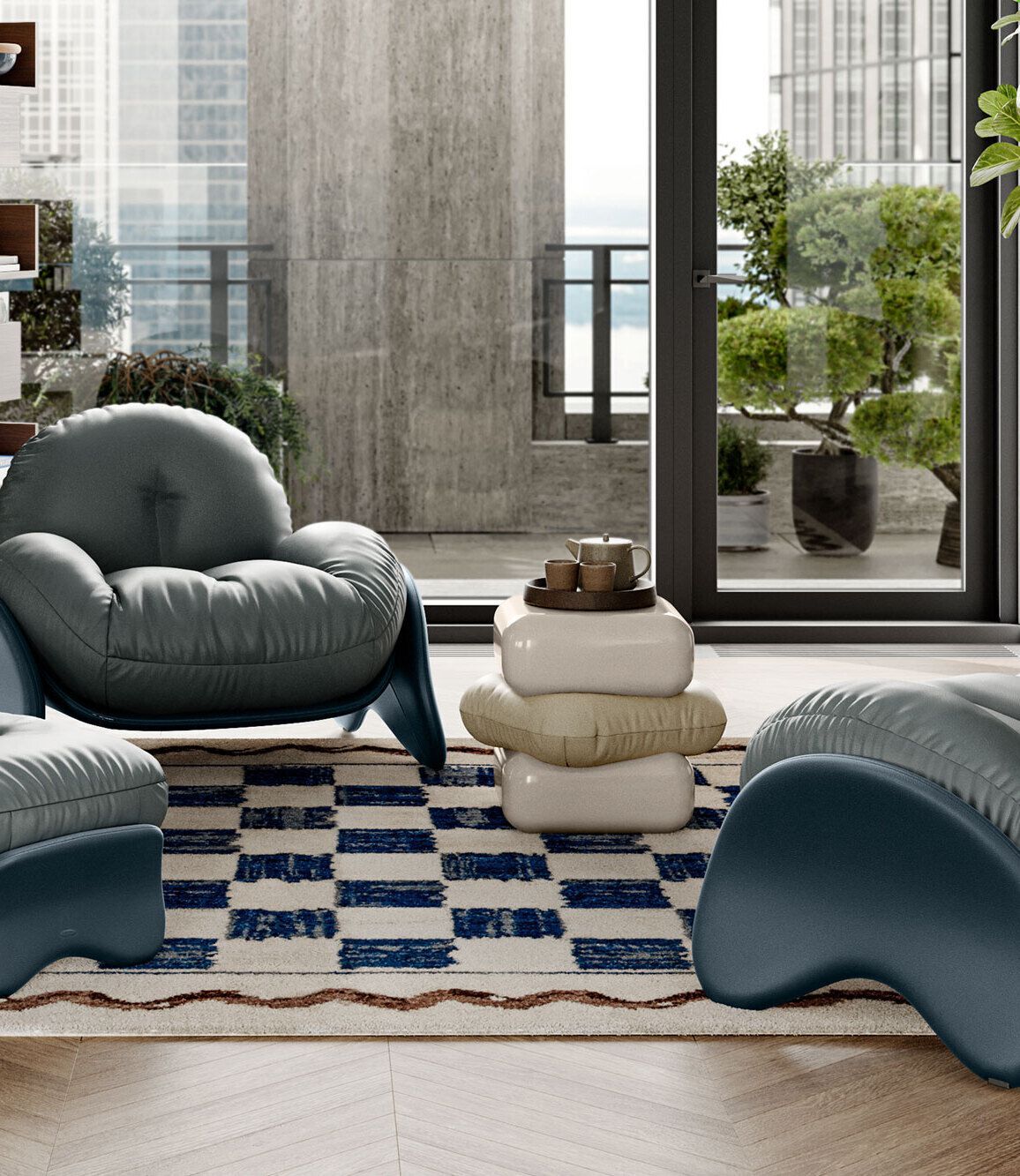 Низкий журнальный столик из лакированного дерева и кожаная подушка Poltrona Frau ARCH-00148934