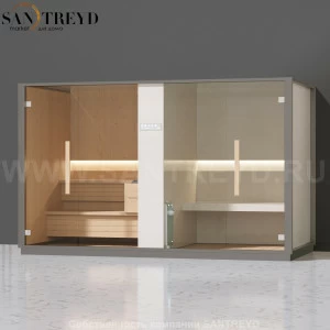 Effegibi LOGICA SH LO40010001 Комбинированная баня: хаммам и сауна. Установка: к стене. Мощность: 10,5 кВт макс. Размеры: длина 373 см, ширина 171 см. Отделка: канадский хемлок, матовый лакированный серый аллюминий и бежевый ламинат из керамогранита.