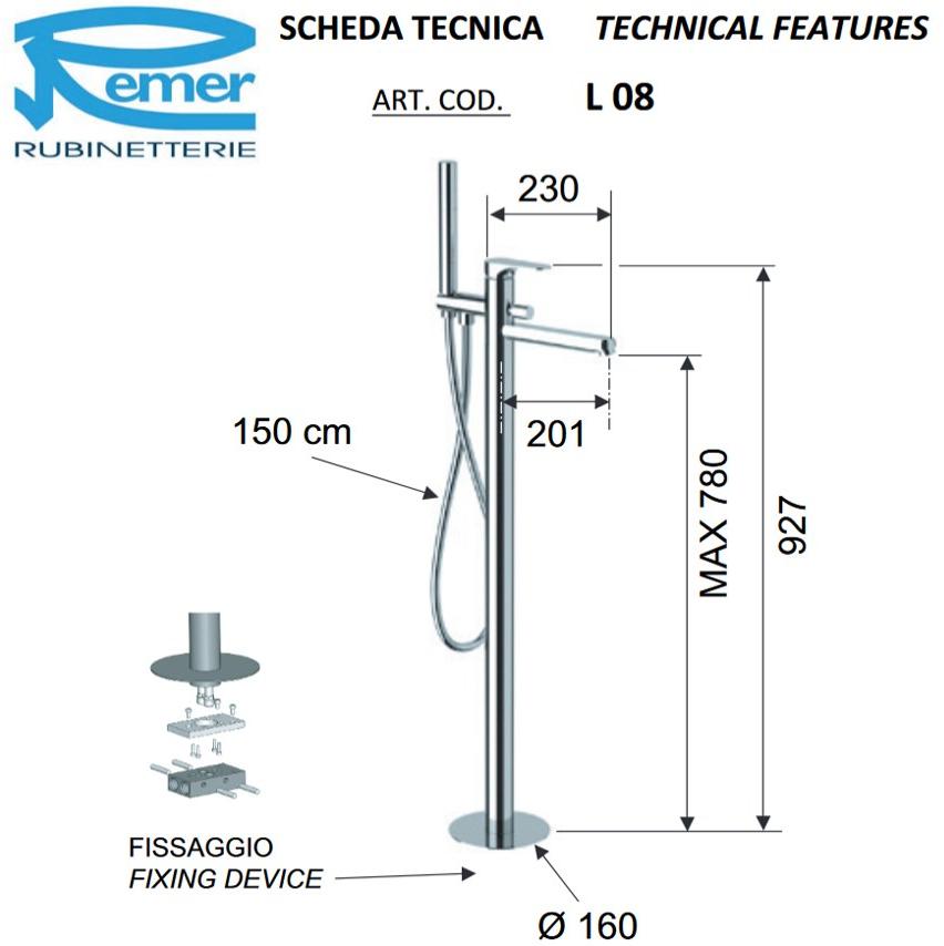 Remer Rubinetterie Смеситель для ванны напольный с ручным душем Class line L 08 - Вид №1