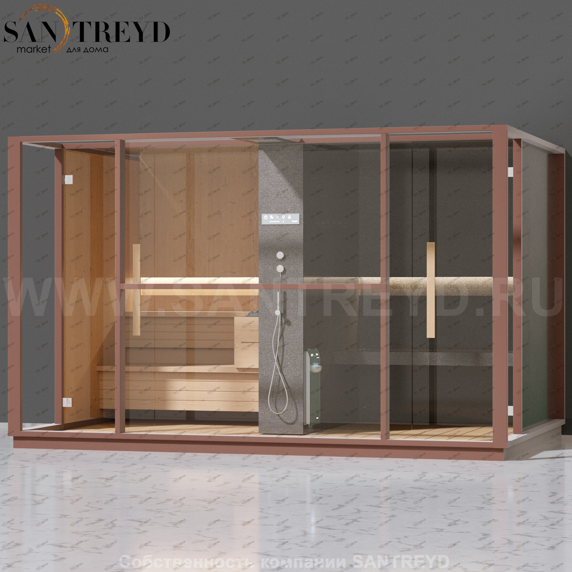 Effegibi LOGICA LO10030001 Комбинированная баня: хаммам и сауна. Установка: к стене. Мощность: 10,5 кВт макс. Размеры: длина 373 см, ширина 250 см. Отделка: канадский хемлок, матовый лакированный коричневый аллюминий и темный ламинат из керамогранита.