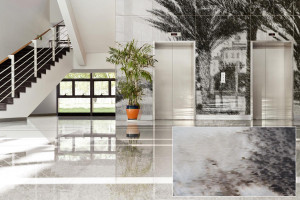 FSRT361 Стенка лифта из стекла vivispectra vektr с индивидуальной прослойкой, показанная в конфигурации Reflective с отделкой pearlex + Forms-surfaces