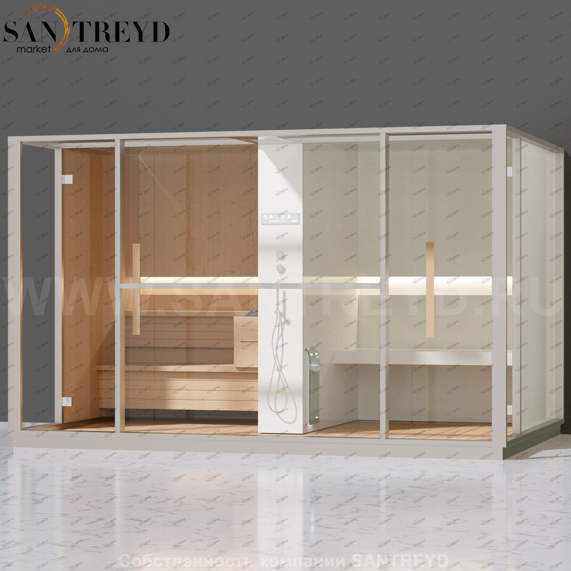 Effegibi LOGICA LO10020001 Комбинированная баня: хаммам и сауна. Установка: к стене. Мощность: 10,5 кВт макс. Размеры: длина 373 см, ширина 250 см. Отделка: канадский хемлок, матовый лакированный белый аллюминий и серый ламинат из керамогранита.