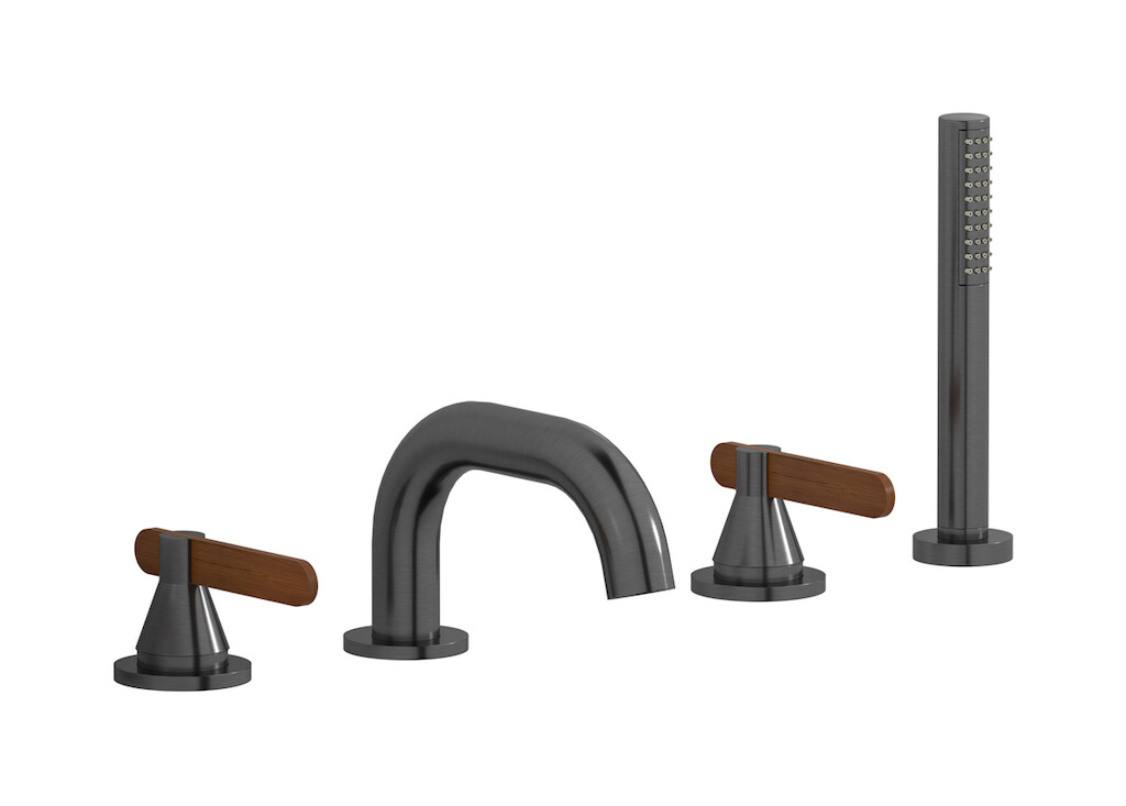 Смеситель на бортик ванной на 4 отверстий с дивертером и душевым гарнитуром. WE ARE IB ol310is Brushed Black Chrome Soho