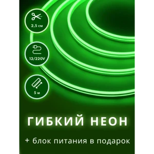 91032296 Светодиодная лента Pjneon Гибкий неон SMD 3528 120 диод/10 Вт/м 12 В IP67 5 м зеленый свет STLM-0450095