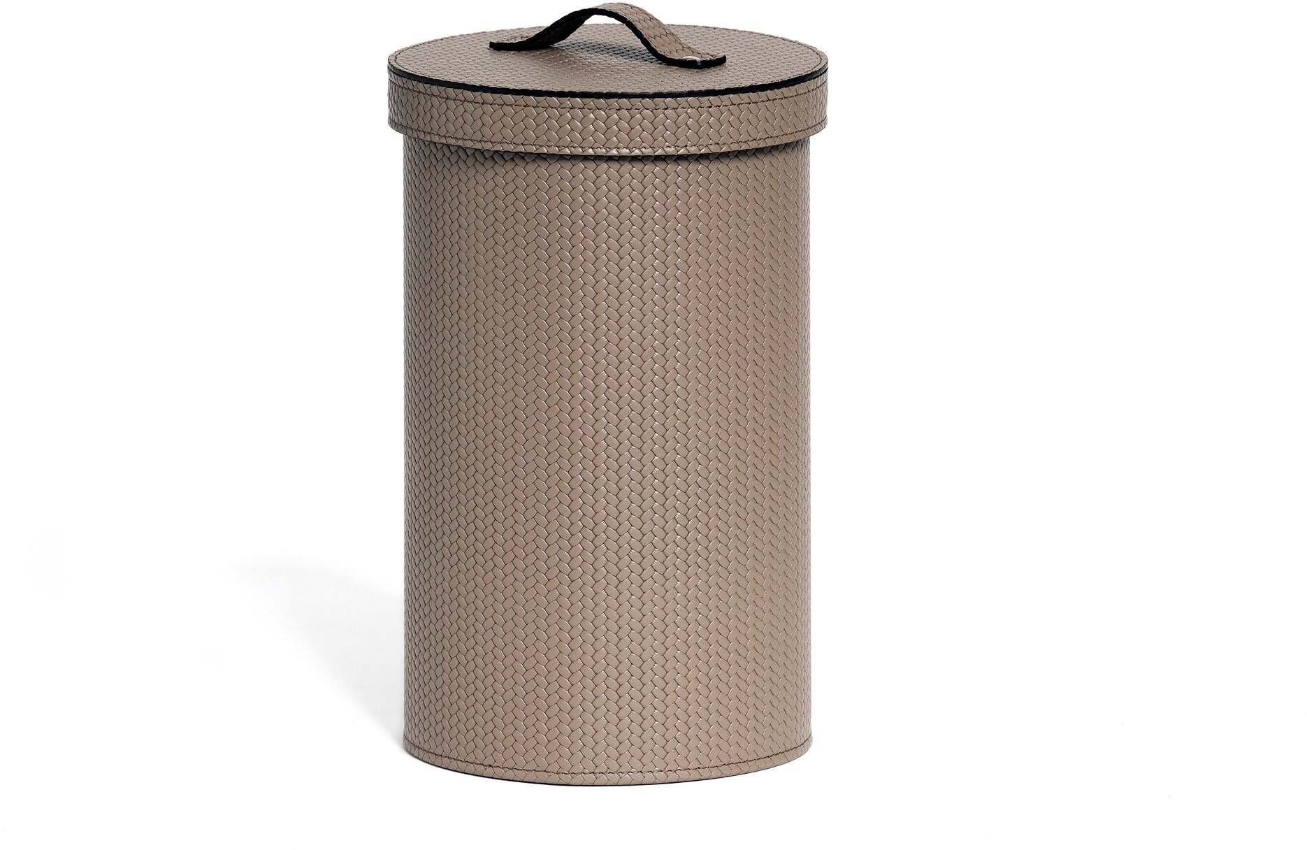 Круглая корзина для бумаг с крышкой - Ø 15X25 см / тканая кожа_светло-серый