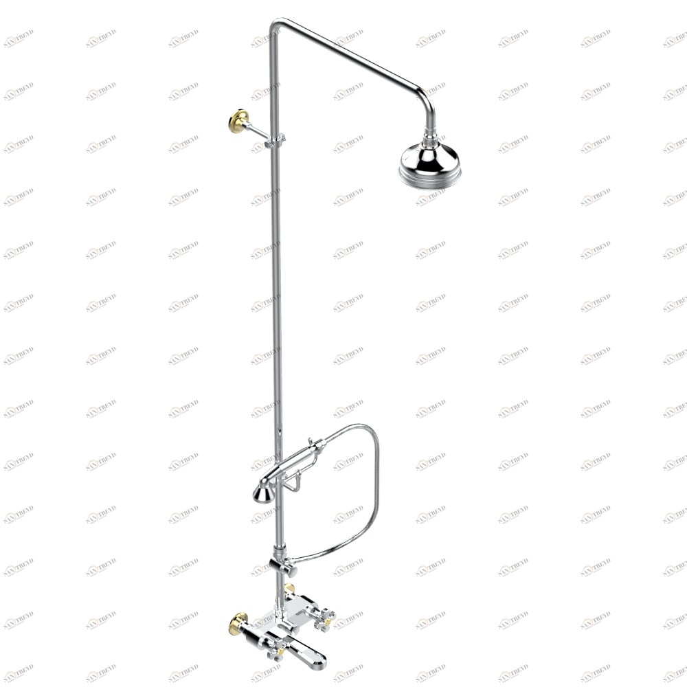 A54-13BCD Смеситель настенный для ванны/душа 1/2" с расстоянием между вентилями 150 мм (+ или - 22 мм), с душевой колонной с переключателем, настенной скобой, ручным душем, шлангом 1.5 м, держателем на стержне и 120 мм верхним душем Thg-paris Art Déco Хро A54 13BCD CAT.A