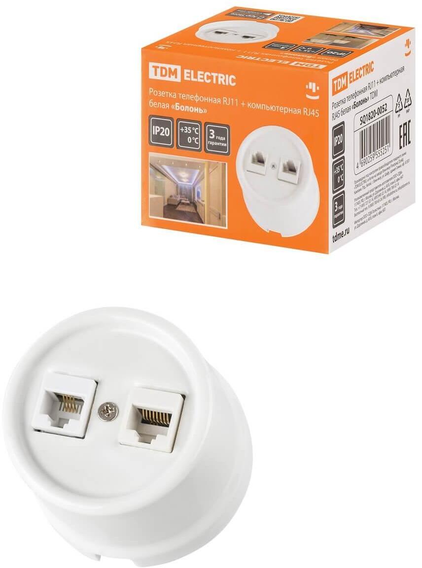 SQ1820-0052 Розетка компьютерная RJ45/телефонная RJ11 Болонь белая TDM Electric quot,Болоньquot,