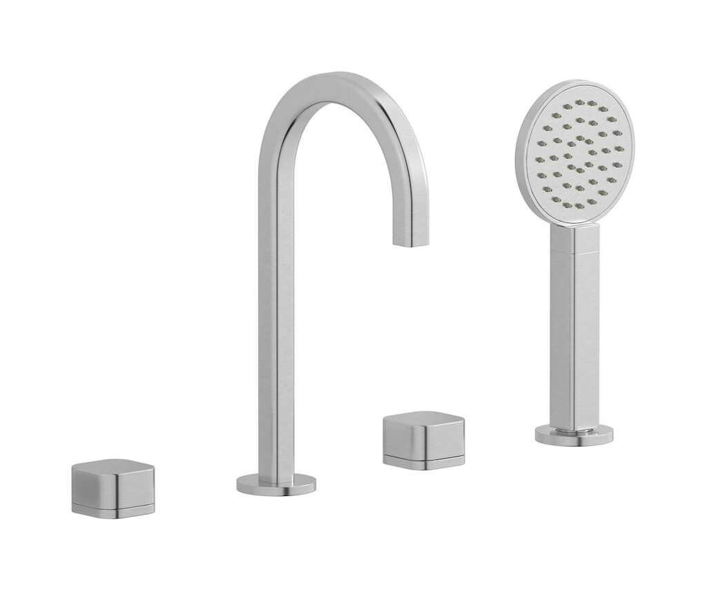 Смеситель на бортик ванной на 4 отверстий с дивертером и душевым гарнитуром. WE ARE IB eo396ss_1 Brushed Nickel Elio
