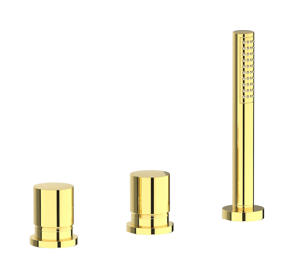 Смеситель на бортик ванной на 3 отверстия с изливом, дивертером и душевым гарнитуром. WE ARE IB rr397oo Gold Brera