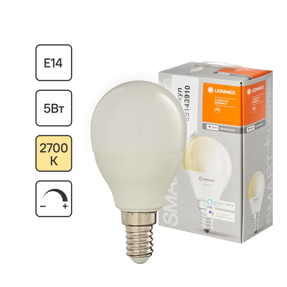 Лампа умная светодиодная Wi-Fi Osram Smart Plus E14 220-240 В 5 Вт шар малый матовая 470 лм теплый белый свет 89143910 STLM-2002666 LEDVANCE 