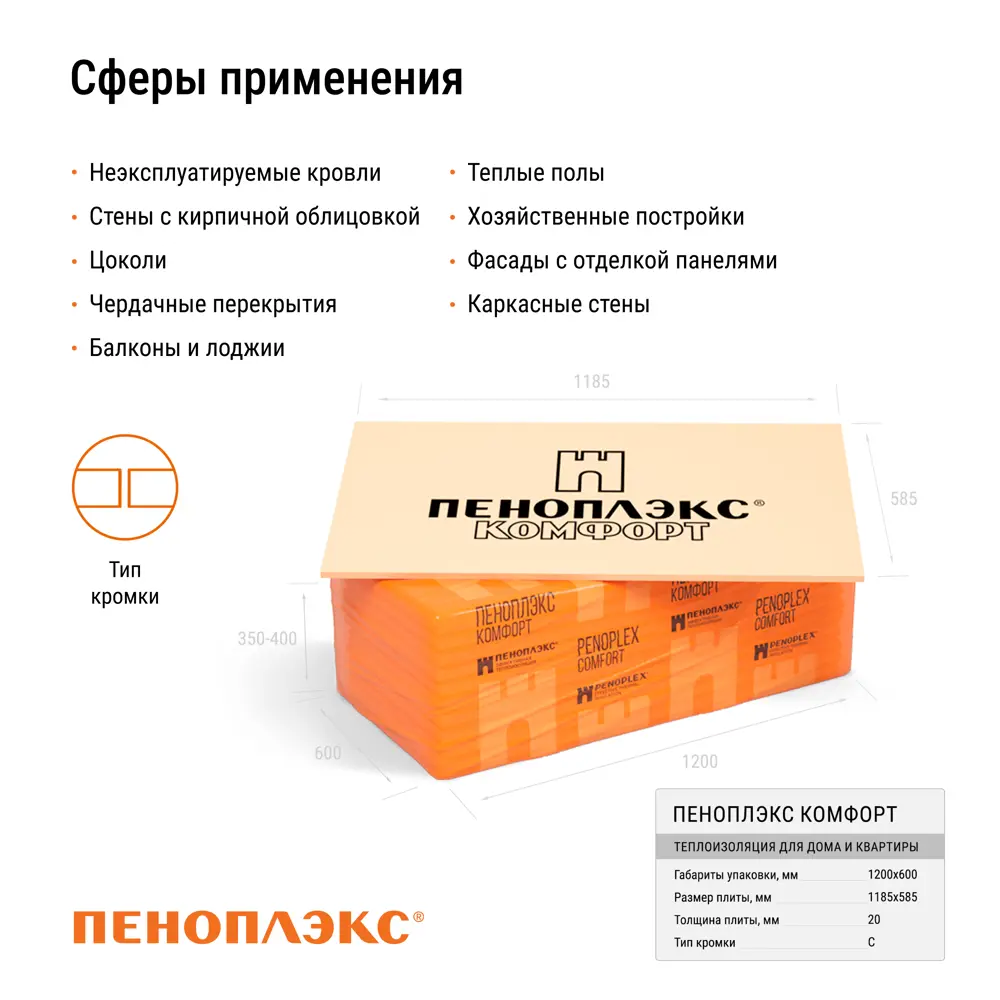 Экструдированный пенополистирол XPS 20 мм Пеноплэкс Комфорт 585x1185 мм 0.69 м2 STLM-2011065 - Вид №2