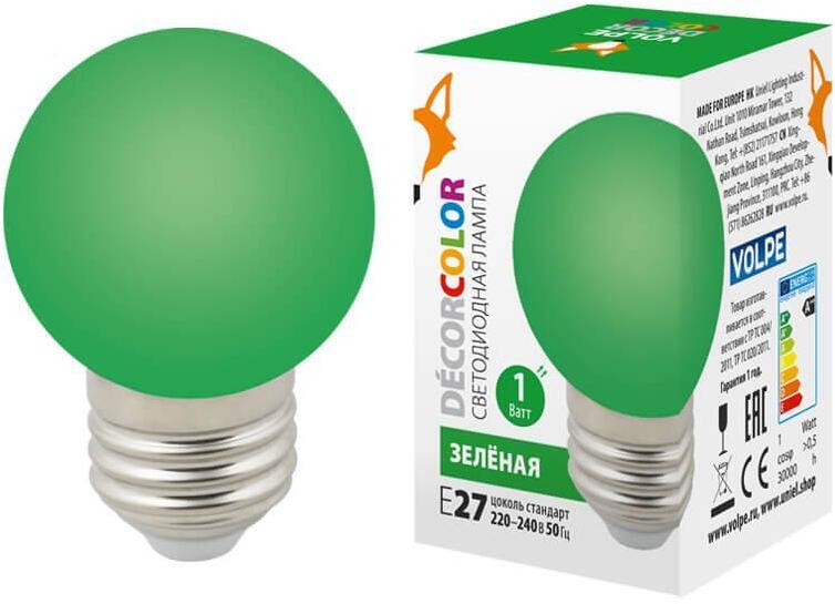 LED-G45-1W/GREEN/E27/FR/С Лампа светодиодная E27 1W зеленая UL-00005648 Volpe LED-G45
