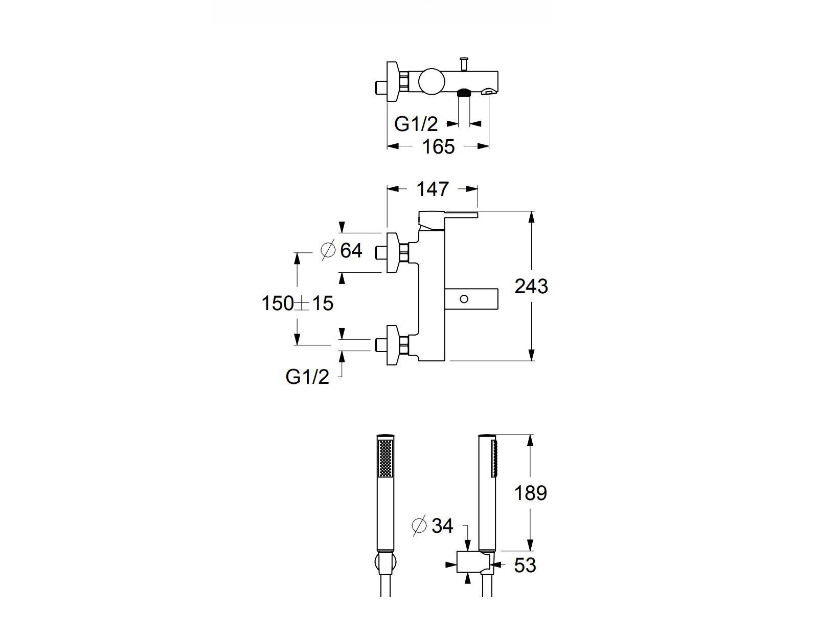 Настенный смеситель для ванны с 2 отверстиями и ручным душем GUGLIELMI RUBINETTERIE Sprint ARCH-00066534 - Вид №2