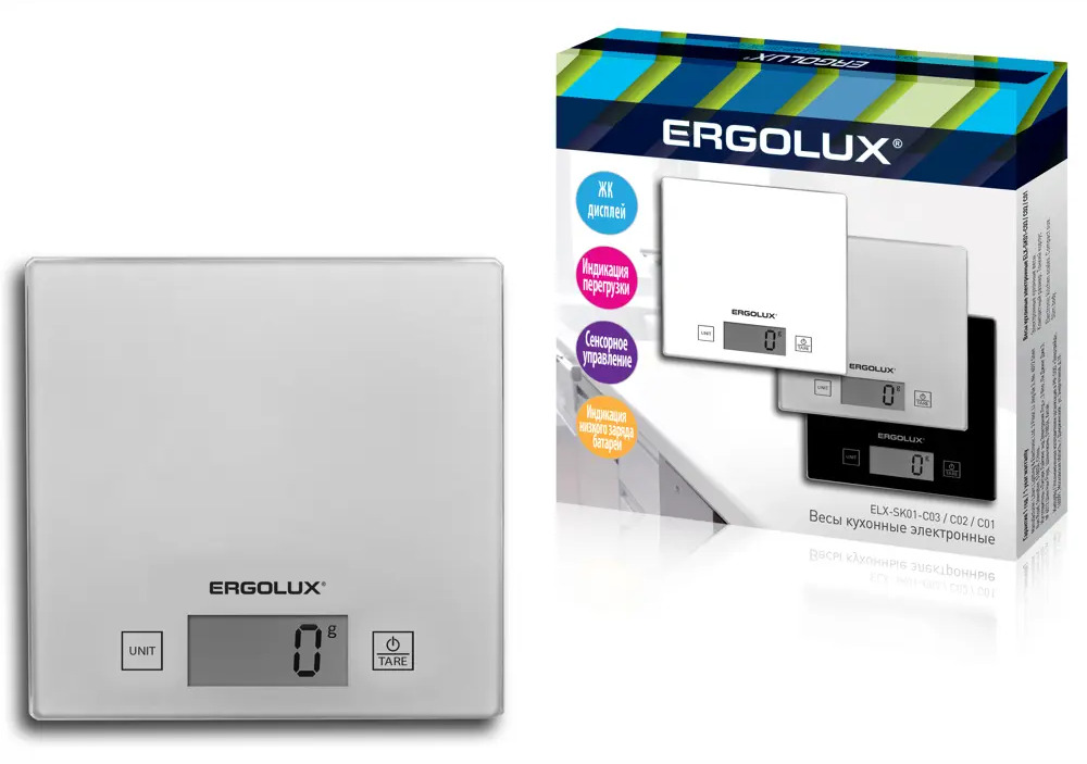 92705446 Весы кухонные ERGOLUX ELX-SK01-С03 серые металлик до 5 кг, 150*150 мм STLM-0884400
