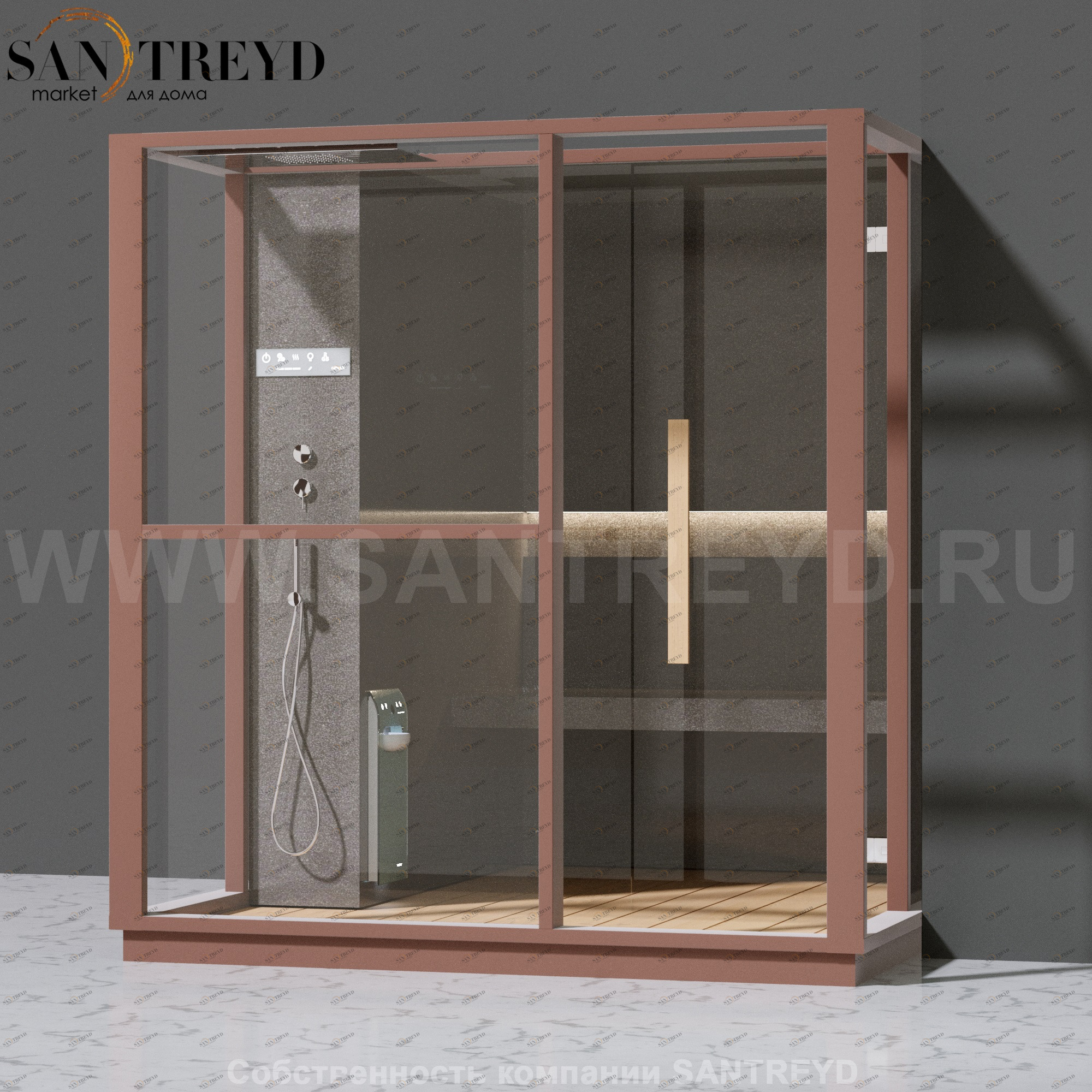 Effegibi LOGICA H LO30030016 Хаммам. Установка: в правый  полуугол. Левая дверь. Мощность: 4,5 кВт макс. Размеры: длина 214 см, ширина 250 см. Отделка: матовый лакированный коричневый аллюминий и темный ламинат из керамогранита.