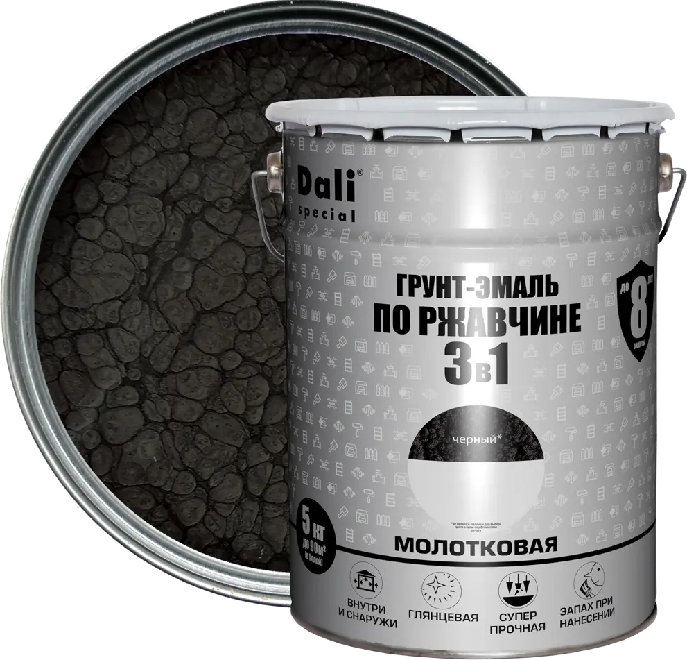 Грунт-эмаль Dali 3 в 1 молотковая чёрная 5 кг 84584241