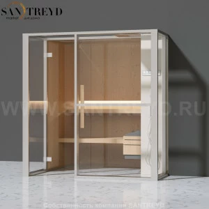 Effegibi LOGICAFILO S LO21020015 Сауна. Установка: в правый  полуугол. Правая дверь. Мощность: 6 кВт макс. Размеры: длина 214 см, ширина 250 см. Отделка: канадский хемлок, матовый лакированный белый аллюминий и серый ламинат из керамогранита.