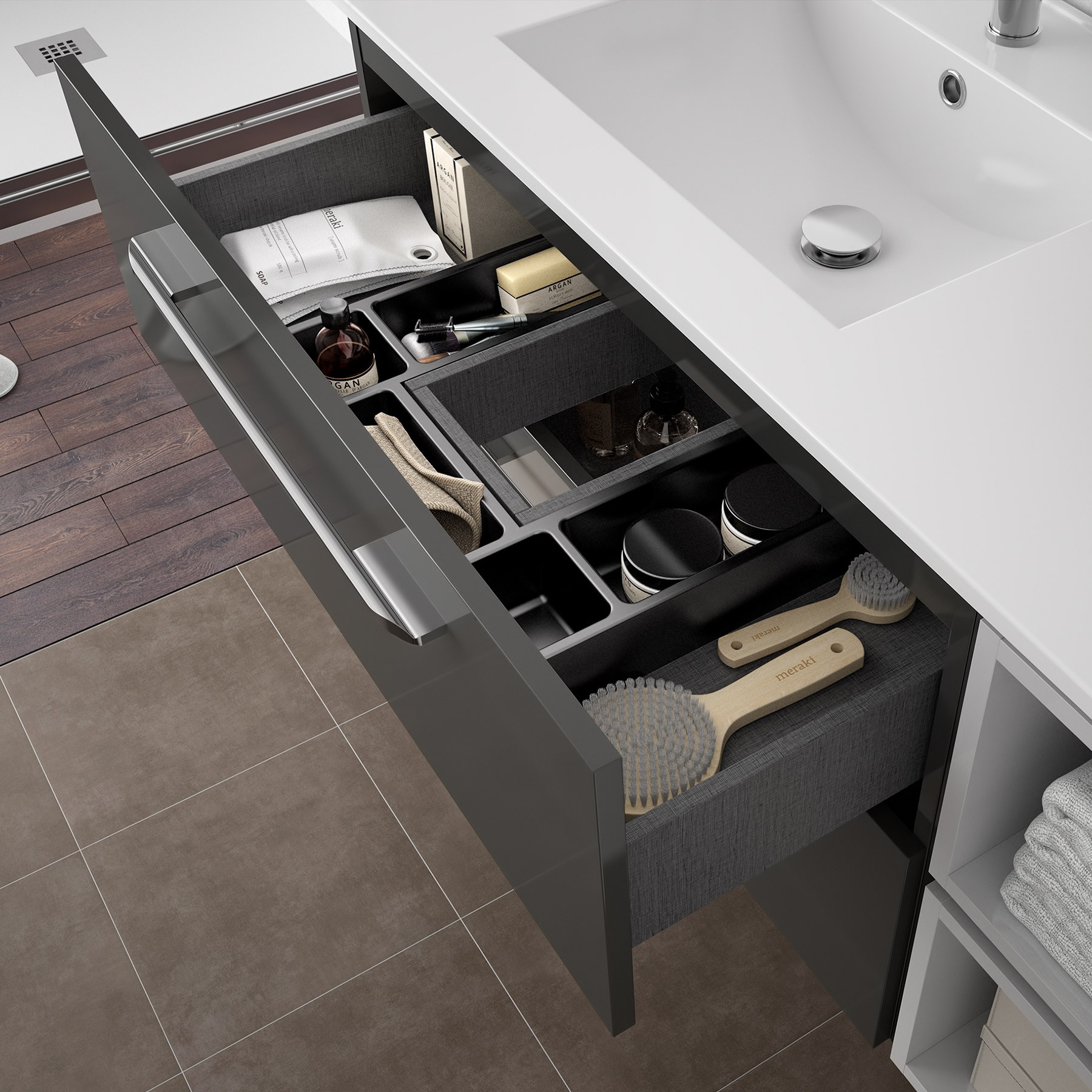 26592 SALGAR Мебель для умывальника FUSSION CHROME 900 3 ящика GLOSS GREY 897 x 868 x 450 мм Глянцевый серый - Вид №2