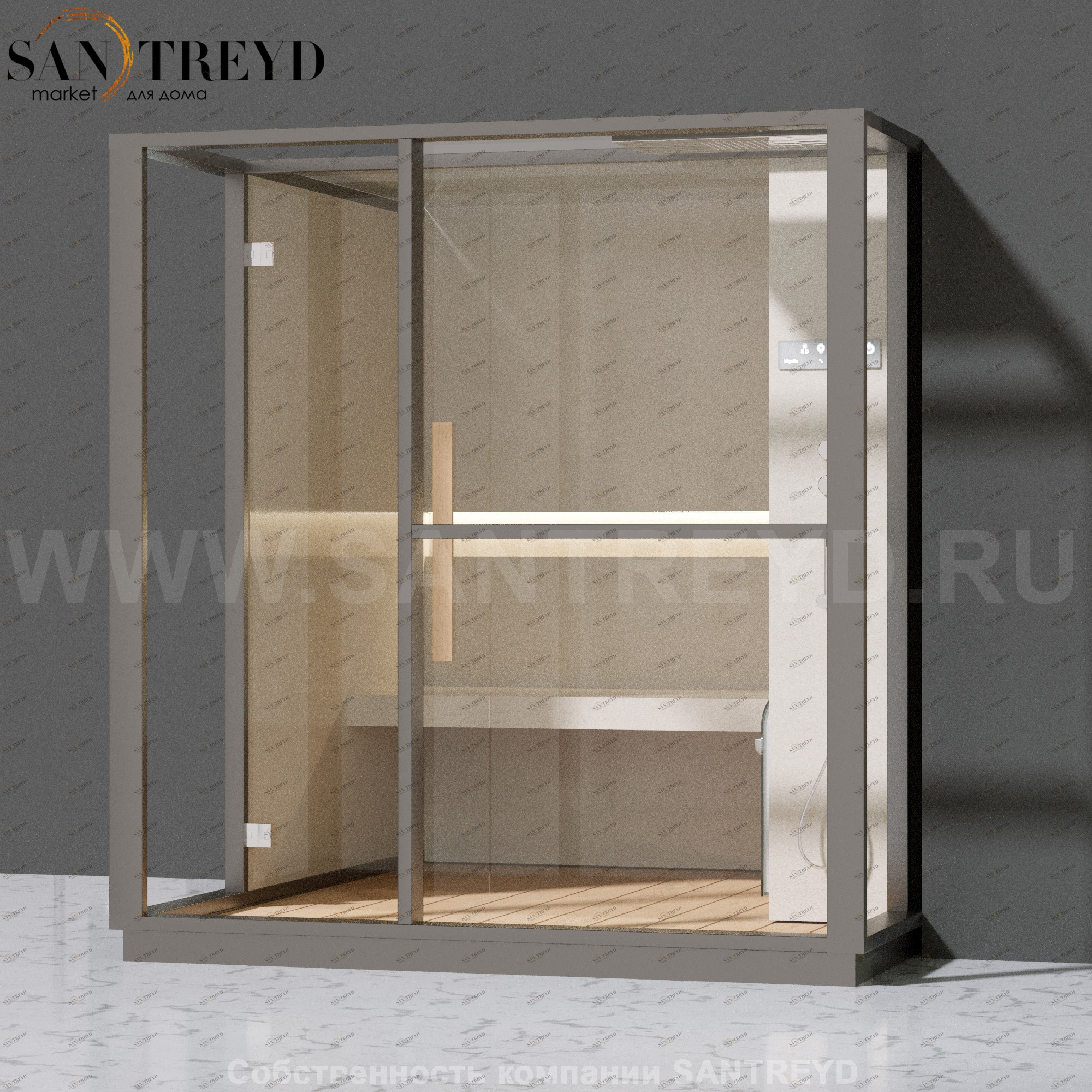 Effegibi LOGICA H LO30010015 Хаммам. Установка: в правый  полуугол. Правая дверь. Мощность: 4,5 кВт макс. Размеры: длина 214 см, ширина 250 см. Отделка: матовый лакированный серый аллюминий и бежевый ламинат из керамогранита.