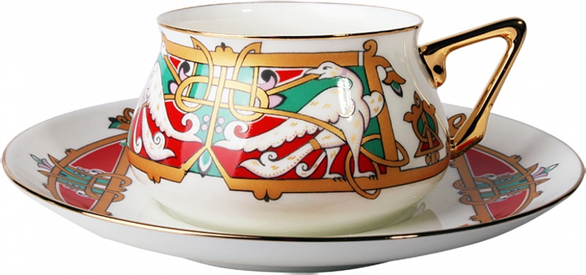 100184 Императорский фарфоровый завод Чашка с блюдцем "Сказочные птицы" "Билибина 1" Фарфор костяной 