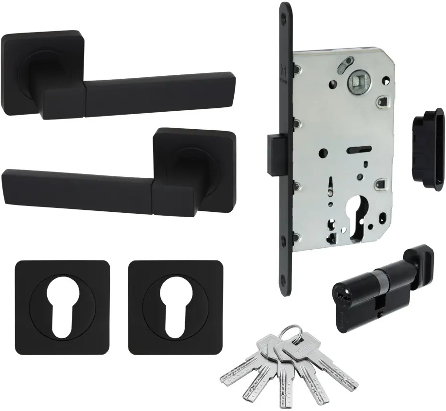 91436575 Ручка дверная Vettore R06.081 MBP + замок WC 410c-s magnet + ET 0601 + цилиндр ZN m60 (30Tх30) цвет Черный Матовый STLM-0899838
