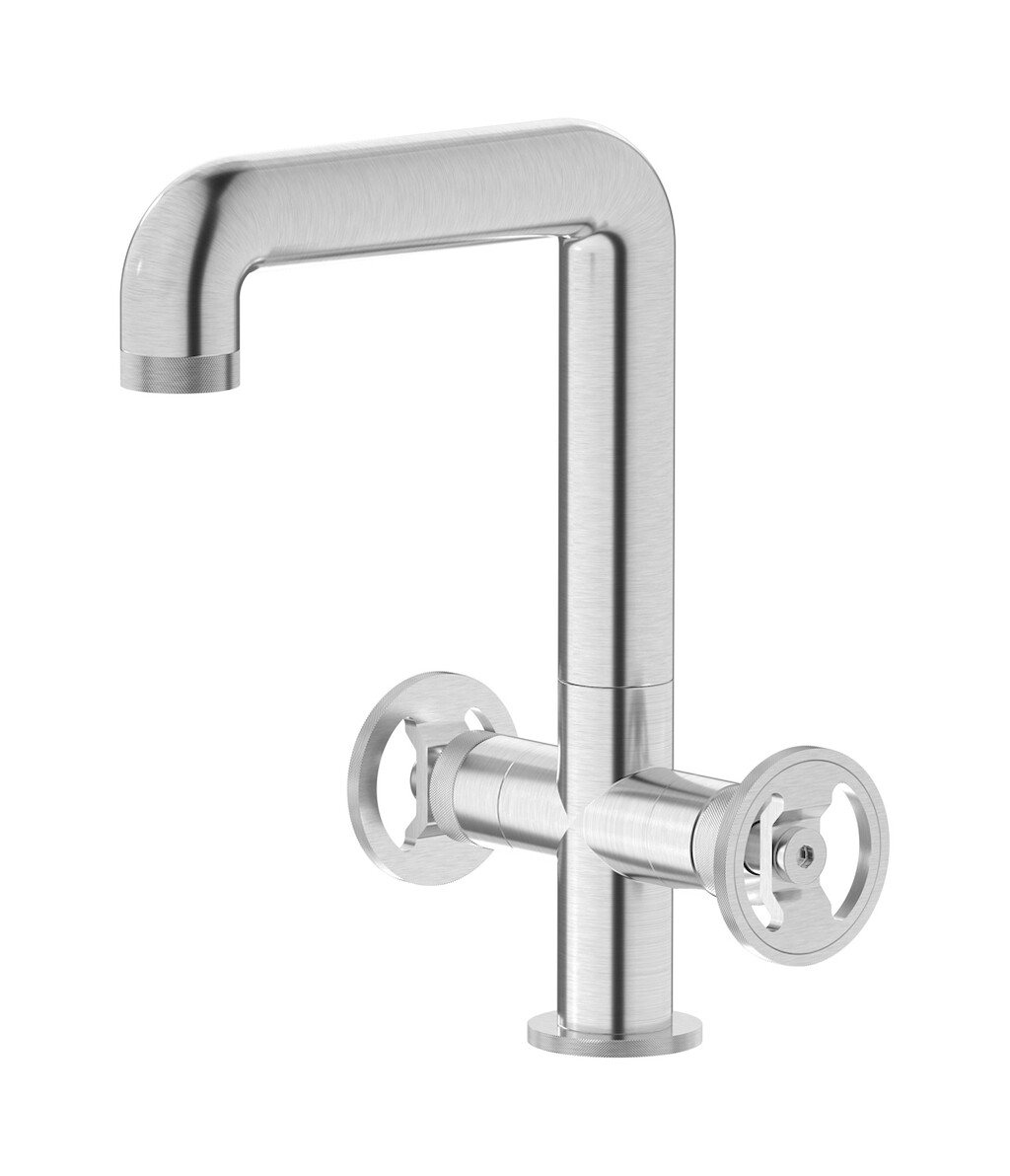 Смеситель для раковины на 1 отверстие с 2 ручками в комплекте с донным клапаном. WE ARE IB b1205ss Brushed Nickel Bold