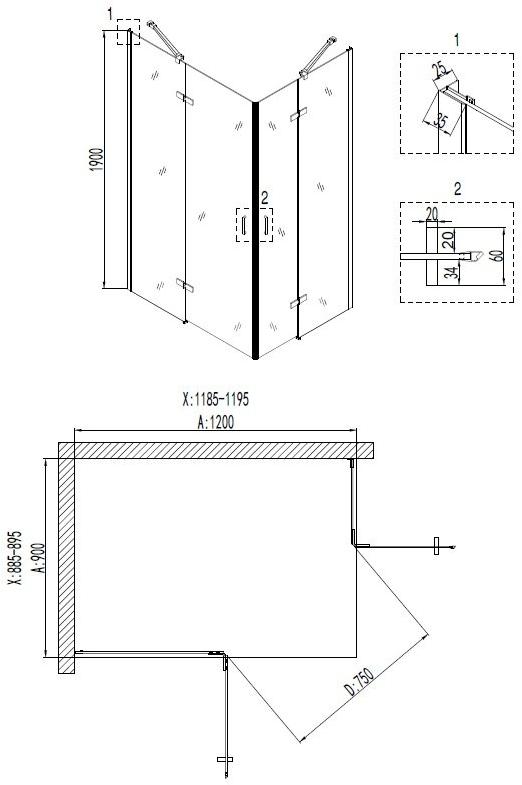 Душевое ограждение NG- 6618-08 (120*90*190) прямоугольник, двери распашные, 1 место Niagara Nova 66180811 - Вид №2