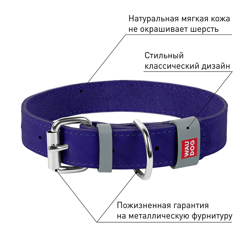 ПР0053725 Ошейник для собак Waudog Classic кожа, металлическая пряжка (шир.20мм, дл.30-39см) фиолетовый COLLAR  - Вид №2