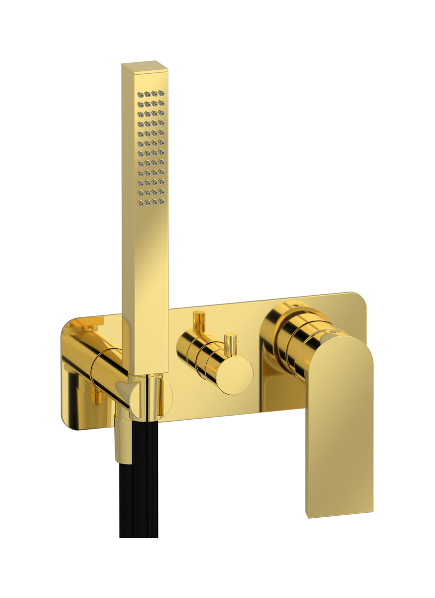 Внешние части встроенного в стену смесителя на 2 потребителя в комплекте с душевым гарнитуром. WE ARE IB k3313oo Gold K3