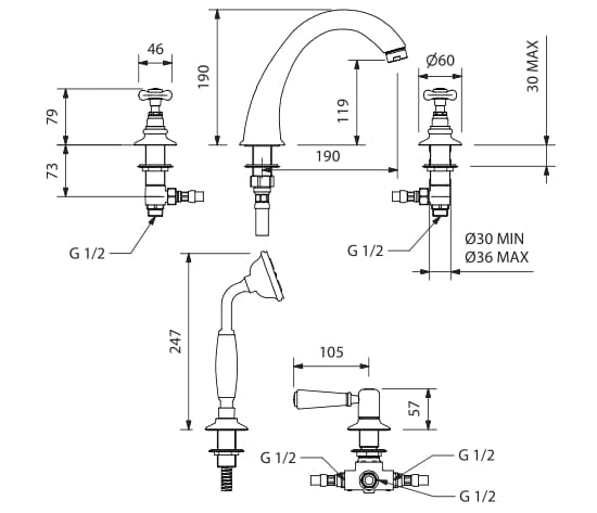 Смеситель для ванны с 5 отверстиями и ручным душем Park Avenue Джеймс ARCH-00096440 - Вид №1