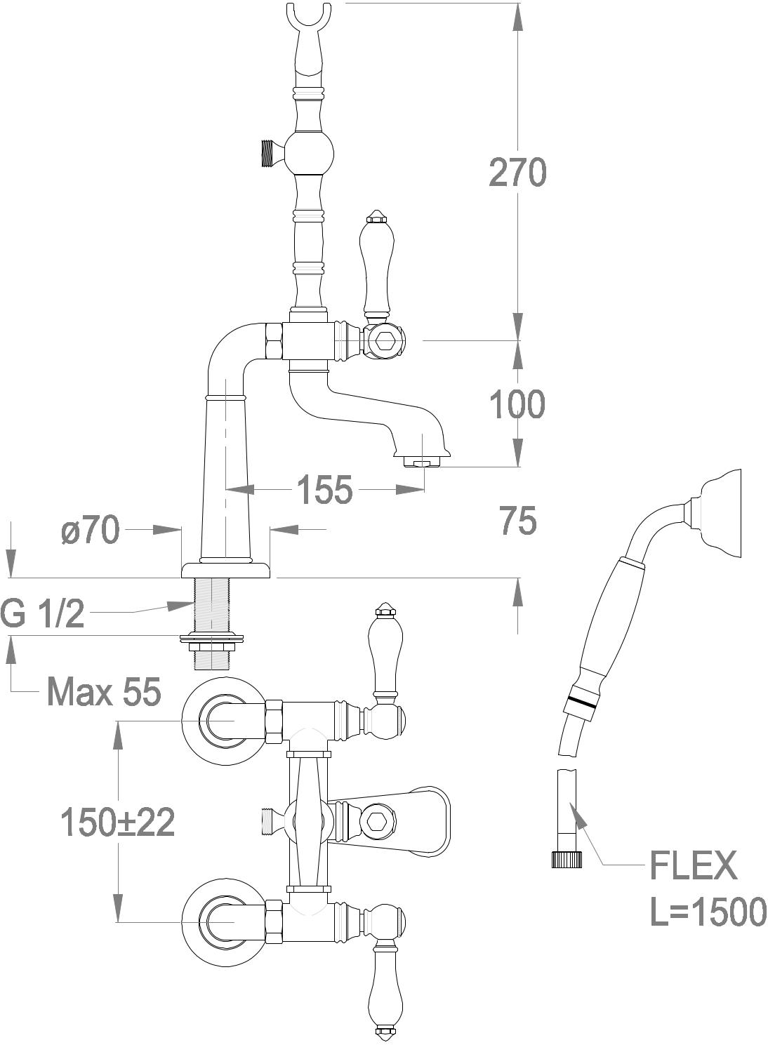 Fir Italia Смеситель для ванны с ручным душем на 2 отверстия Melrose 21 2147802 - Вид №1