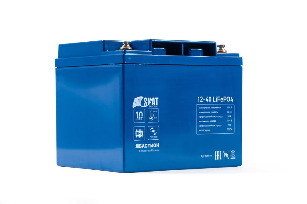 Skat i-Battery 12-40 LiFePO4 rechargeable battery, 12 v, 40 ah li-ion battery, based on lifepo4 cells ifr 32650, structure 4s7p. rated voltage 12.8 v, charge voltage up to 14 v. maximum discharge current up to 30 a; charge current up to 20a. built-in bms Бастион  - Вид №1