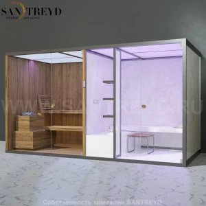 Effegibi BODYLOVE SH BL40210006 Фронтальная комбинированная баня: хаммам и сауна. Установка: к стене. Мощность: 15 кВт макс. Размеры: длина 393 см, ширина 176 см. Отделка: термообработанная древесина, светлый керамогранит и гладкая термообработанная древе