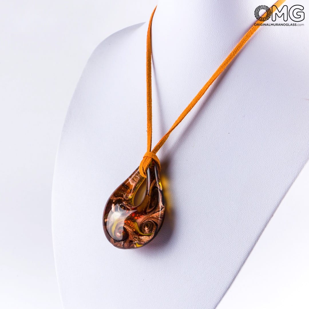 2342 ORIGINALMURANOGLASS Оранжевая подвеска в виде капли из муранского стекла с авантюрином 57 см  - Вид №1