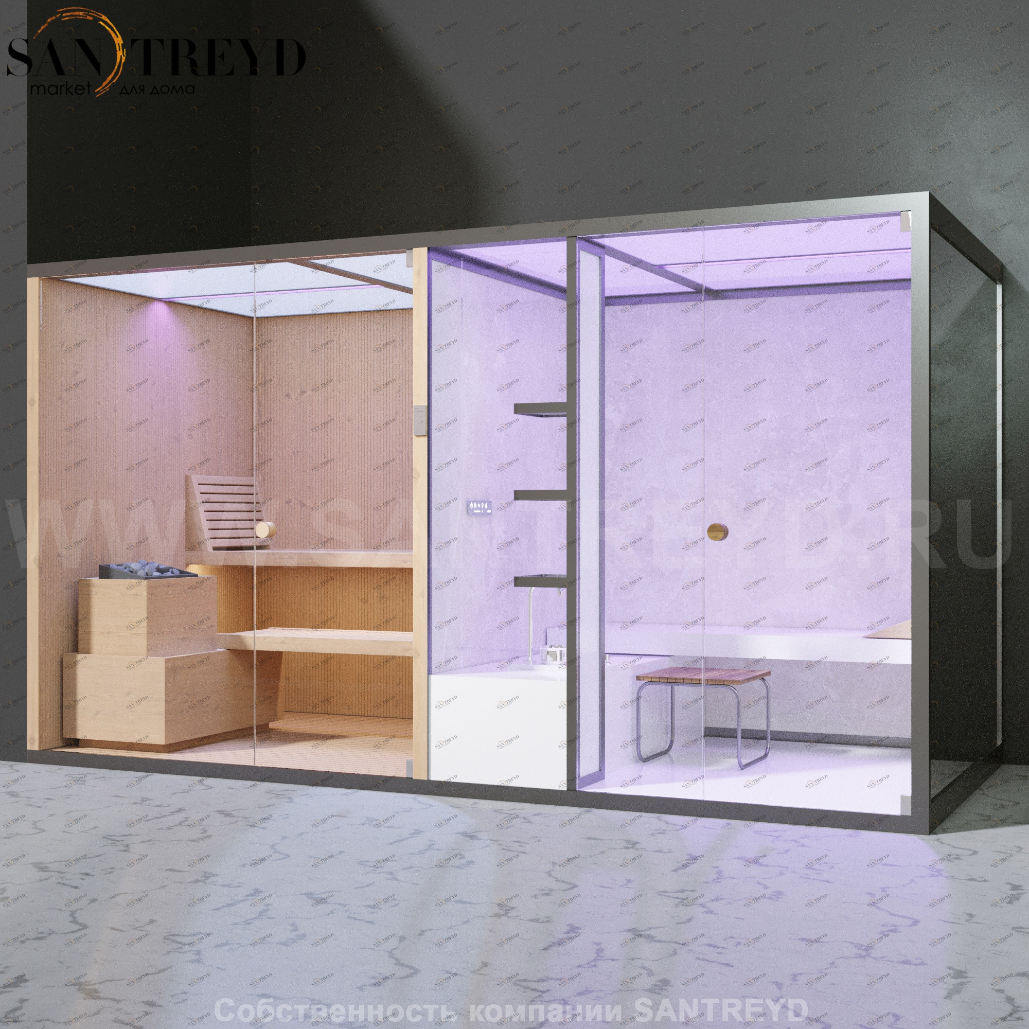 Effegibi BODYLOVE SH BL40110005 Фронтальная комбинированная баня: хаммам и сауна. Установка: в левый угол. Мощность: 15 кВт макс. Размеры: длина 393 см, ширина 176 см. Отделка: канадский хемлок, светлый керамогранит и зеркало.