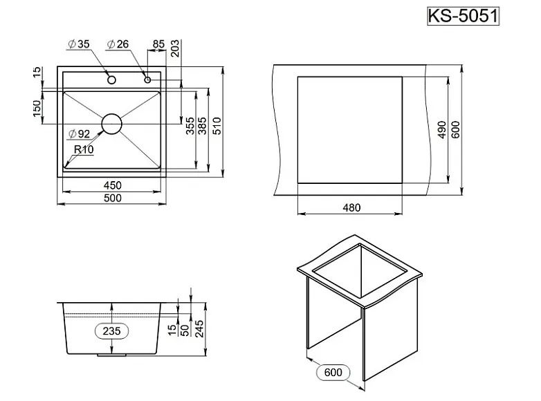 KS-5051, ГРАФИТ МАТОВЫЙ, стальная кухонная мойка KITCHEN SPACE GRANULA KS-5051-ST361 - Вид №3