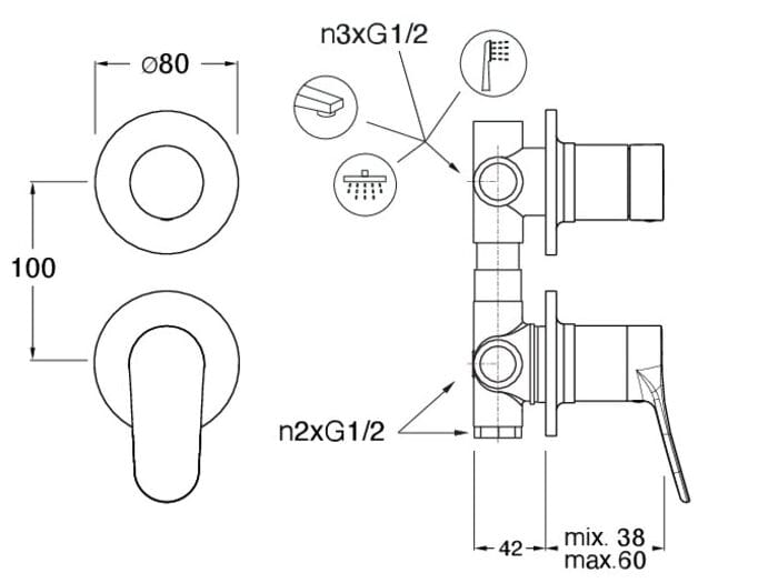 Однорычажный смеситель для душа / ванны с 2 отверстиями и переключателем CRISTINA Rubinetterie бочка ARCH-00132393 - Вид №2